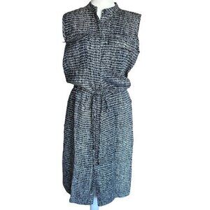 Ann Taylor Dress Size Medium Linen Blend Patterned Waist Tie Midi‎ White Blue